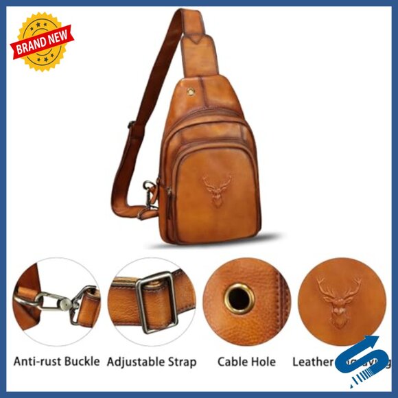 Genuine Leather Sling Backpack Crossbody Bag Adjustable Strap Vintage Style